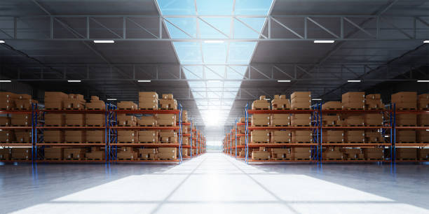 istock Panoramic view of warehouse with high shelves and goods 1345419648