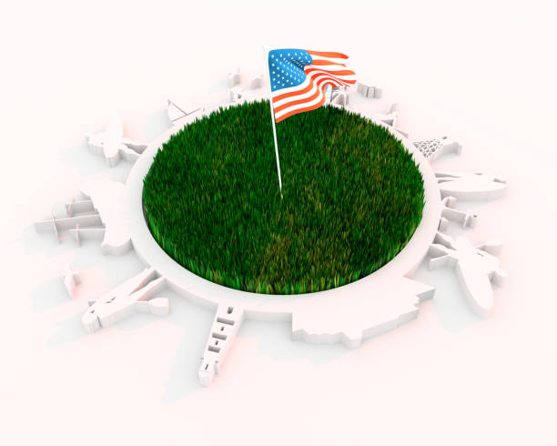 istock Objects located around circle with green grass. Flag of USA 1345421704