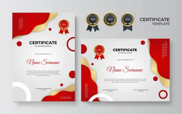 Vector illustration of Certificate template. Diploma of modern design or gift certificate. Vector illustration in red and gold color theme