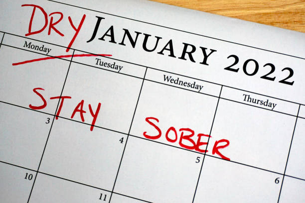 Dry January Calendar Reminder Reminder on a calendar for January that it is Dry January, an alcohol-free month of sobriety january stock pictures, royalty-free photos & images