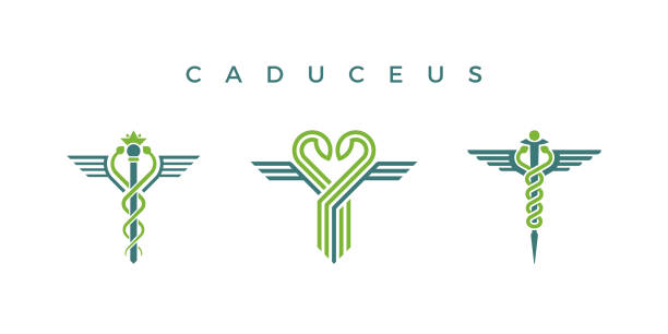 Caduceus Medicine Icon Set Caduceus isolated icons with snakes, crown and wings shape. Medical vector logo set. caduceus stock illustrations