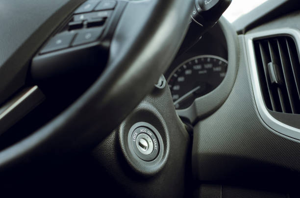 istock Ignition lock on the steering wheel, close-up. Starting and Stopping Car Engine with Ignition Key 1345427626