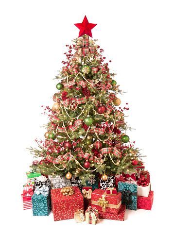 Christmas banner background. Christmas tree with christmas decoration. Long banner for design.