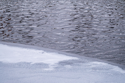 The surface of the water is partially covered with ice. Dangerous Thin Ice. Cold winter weather