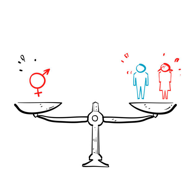 ilustraciones, imágenes clip art, dibujos animados e iconos de stock de garabato dibujado a mano símbolo de género y símbolo de escala para la igualdad de género vector de ilustración - gender symbol scales of justice weight scale imbalance