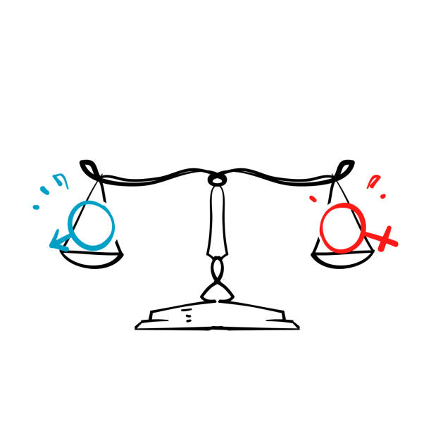 ilustraciones, imágenes clip art, dibujos animados e iconos de stock de garabato dibujado a mano símbolo de género y símbolo de escala para la igualdad de género vector de ilustración - gender symbol scales of justice weight scale imbalance