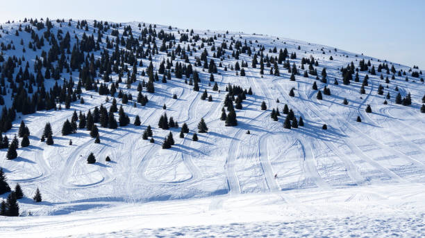 モンテポラ、イタリア。クロスカントリースキーやスノーモービルに使用できるスノートラック。冬のコンテスト - snowmobiling snow winter mountain ストックフォトと画像