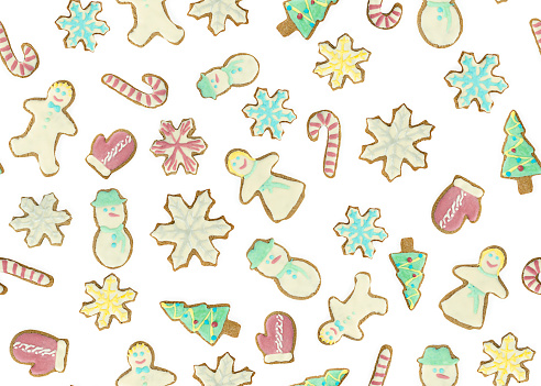 Gingerbread cookies on white background, flat lay composition. Background, isolated seamless pattern