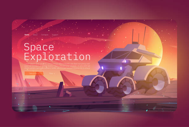 Space exploration banner with rover on planet Space exploration banner with rover on alien planet surface. Vector landing page of cosmos investigation with cartoon illustration of planet landscape with explorer robot, rocks and stars in sky alien planet stock illustrations