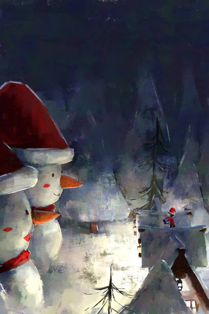 illustrations, cliparts, dessins animés et icônes de ensemble de peinture d’art numérique de petite fille regardant un bonhomme de neige géant en hiver noël. - backgrounds canvas cold color image