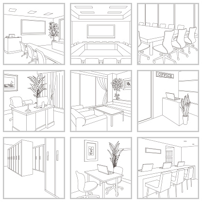 Line drawing vector illustration of the office.