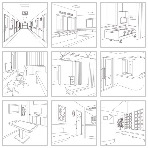 illustrazioni stock, clip art, cartoni animati e icone di tendenza di illustrazione vettoriale del disegno a linee dell'ospedale. - ambulatorio medico