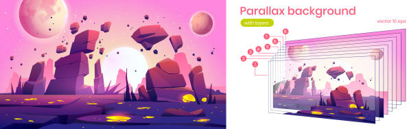 Parallax background with alien planet landscape Alien planet landscape with rocks, cracks and glowing spots. Vector parallax background for 2d animation with cartoon fantasy illustration of cosmos with sun and moons and planet surface alien planet stock illustrations