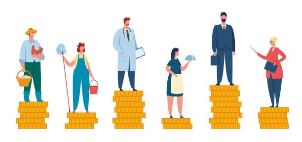 ilustrações, clipart, desenhos animados e ícones de diferença salarial, diferença salarial entre ricos e pobres. pessoas com diferentes rendimentos, comparação de renda profissional, conceito de vetor salarial desigual - incomes