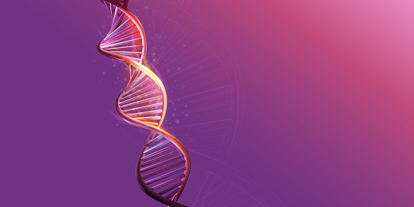Glowing model of DNA strand on a purple background. Vector illustration.