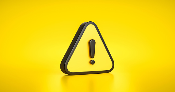 Yellow warning sign symbol or alert safety danger caution illustration icon security message and exclamation triangle information icon on attention traffic background with secure alarm. 3D render.