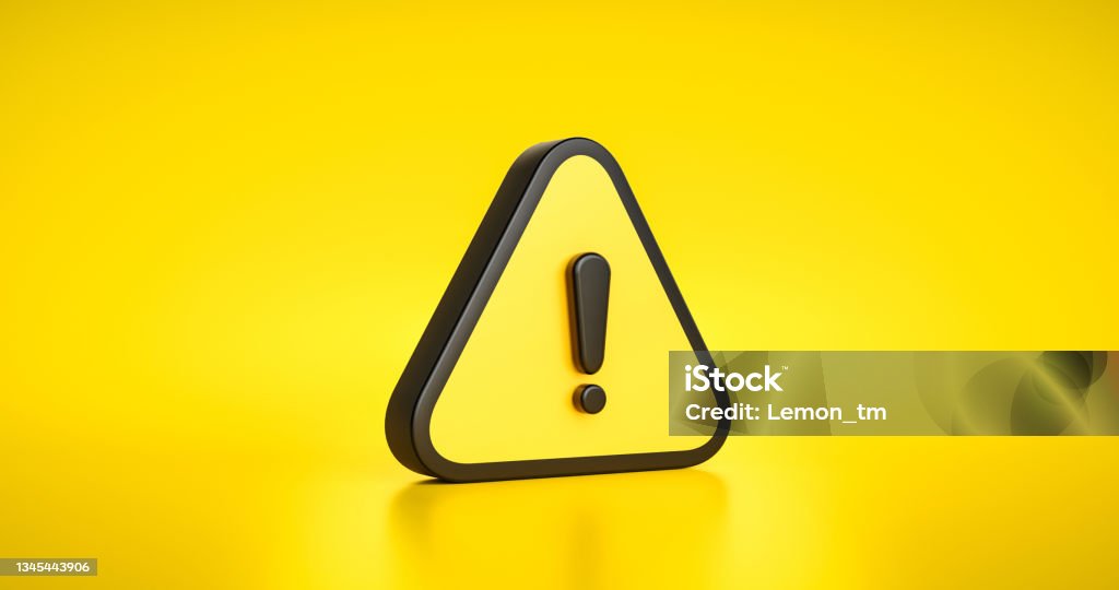 Yellow warning sign symbol or alert safety danger caution illustration icon security message and exclamation triangle information icon on attention traffic background with secure alarm. 3D render. Warning Sign Stock Photo
