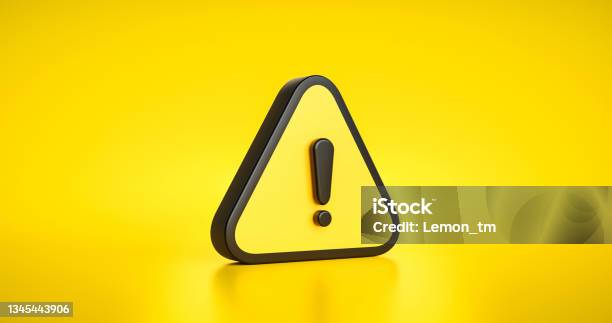 Yellow Warning Sign Symbol Or Alert Safety Danger Caution Illustration Icon Security Message And Exclamation Triangle Information Icon On Attention Traffic Background With Secure Alarm 3d Render Stock Photo - Download Image Now