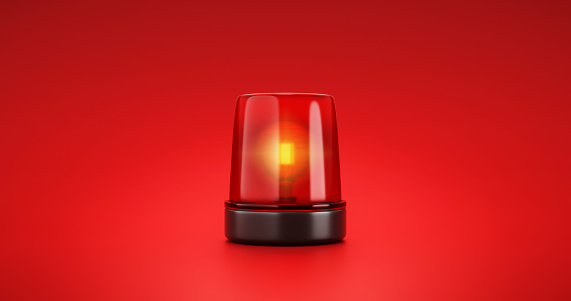Red emergency siren urgency alert and security police attention light signal or beacon flash ambulance rescue danger alarm sign on car warning background with traffic glowing bulb accident. 3D render.