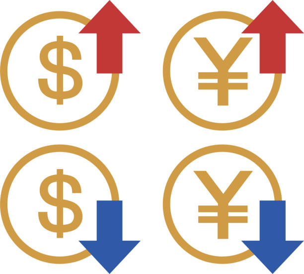 illustrazioni stock, clip art, cartoni animati e icone di tendenza di questa è un'illustrazione del prezzo dello yen e del dollaro, con frecce e denaro che rappresentano i movimenti di prezzo su e giù. - financial advisor mutual fund cartoon home finances