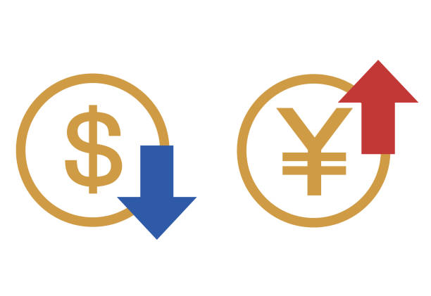 ilustrações, clipart, desenhos animados e ícones de esta é uma ilustração do preço do iene e do dólar, com setas e dinheiro representando os movimentos de preços para cima e para baixo. - financial advisor mutual fund cartoon home finances