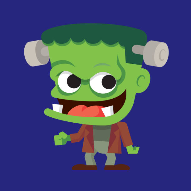 illustrazioni stock, clip art, cartoni animati e icone di tendenza di cartone animato dal design piatto carino zombie verde che ride con due denti su sfondo blu scuro. carattere vettoriale - green monster