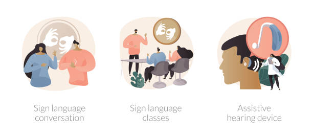 Disability communication abstract concept vector illustrations. Disability communication abstract concept vector illustration set. Sign language conversation, silent speech classes, assistive hearing device, hand alphabet, deaf people abstract metaphor. sign language stock illustrations