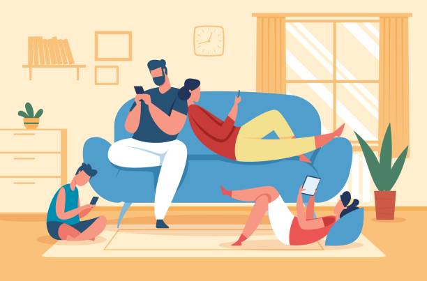 Family using smartphones and tablets, parents and kids with phones. Social media addiction, children use gadgets at home vector illustration vector art illustration