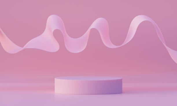 istock 3d mock up podium with flying pink ribbon on a light pink background. Abstract Modern platform for product or cosmetics presentation. Stylish contemporary backdrop. Render scene with geometric shapes. 1345448674