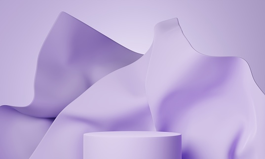 Podio de maqueta 3d con tela drapeada en color lavanda. Abstract Plataforma moderna para la presentación de productos o cosméticos. Brillante y elegante telón de fondo contemporáneo. Escena de renderizado photo