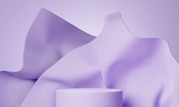 podio mock-up 3d con tessuto drappeggiato in colore lavanda. abstract piattaforma moderna per la presentazione di prodotti o cosmetici. luminoso sfondo contemporaneo elegante. scena di rendering - lavender coloured foto e immagini stock