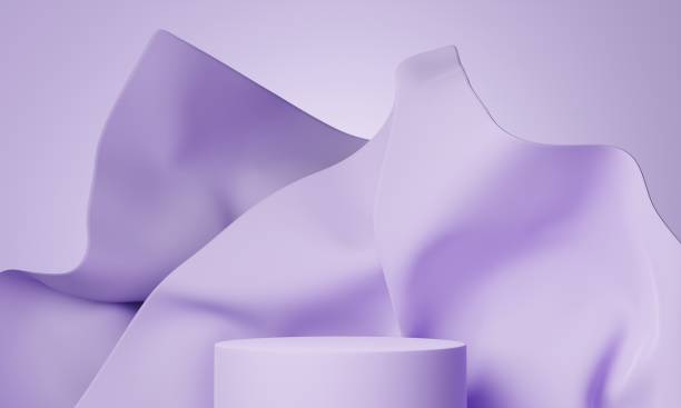 라벤더 색상의 드레이프 패브릭으로 3d 모의 포디움. 제품 또는 화장품 프리젠 테이션을위한 추상 적 현대 플랫폼. 밝은 세련된 현대적인 배경. 렌더링 장면 - lavender coloured 뉴스 사진 이미지