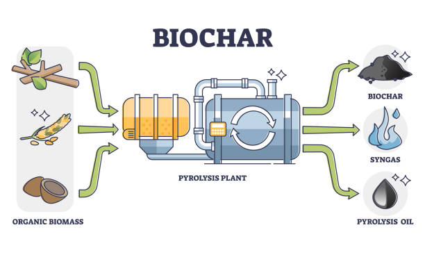 illustrations, cliparts, dessins animés et icônes de production de biochar, de gaz de synthèse et d’huile par usine de pyrolyse à partir de biomasse organique - biocarburant