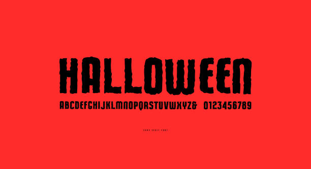 Narrow sans serif font in the style of hand drawn graphic Narrow sans serif font in the style of hand drawn graphic. Letters and numbers for movie, halloween emblem and headline design. Vector illustration sans font stock illustrations