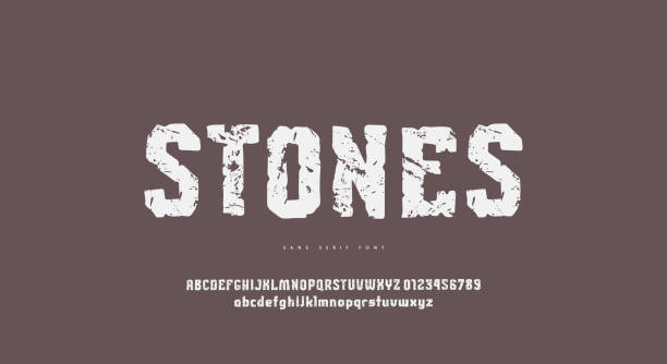 Sans serif font in the style of hand drawn graphic Sans serif font in the style of hand drawn graphic. Letters and numbers with vintage texture for emblem design. Vector illustration stone material stock illustrations