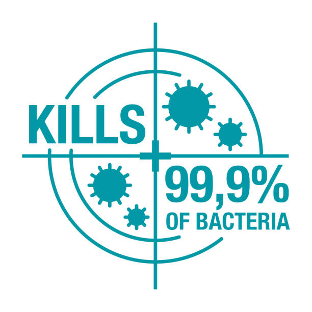 Kills 99,9 percents of bacteria sticker Kills 99,9 percents of bacteria badge - antibacterial formula sticker, Covid-19 protection, hand sanitizer label. Vector illustration murderer stock illustrations