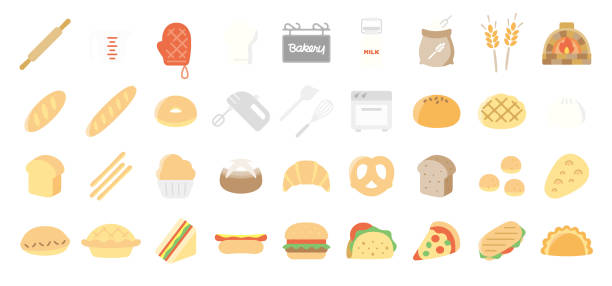 illustrations, cliparts, dessins animés et icônes de ensemble d’icônes de pain et de boulangerie (version couleur plate) - french bread pizza