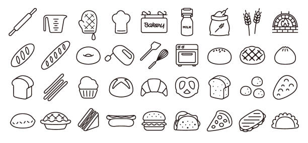 zestaw ikon chleba i piekarni (wersja thin line) - panini sandwich stock illustrations