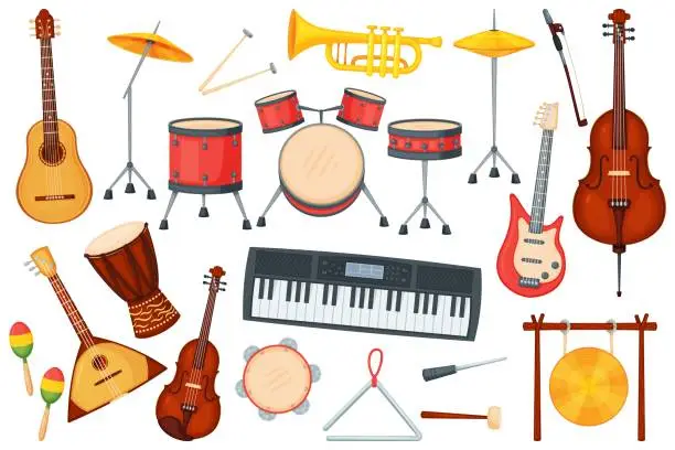 Vector illustration of Cartoon music instruments for orchestra or jazz performance. Drums, electric guitar, trumpet, piano, classical musical instrument vector set