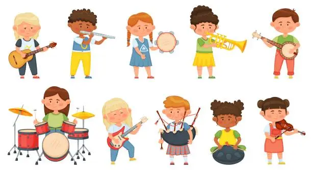 Vector illustration of Kids playing musical instruments, children orchestra music hobby. Cute boys and girls musicians playing on guitar, drums, violin vector set