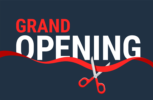 Grand Opening banner - Ribbon cutting ceremony. Scissors, red wavy ribbon and text - vector poster template