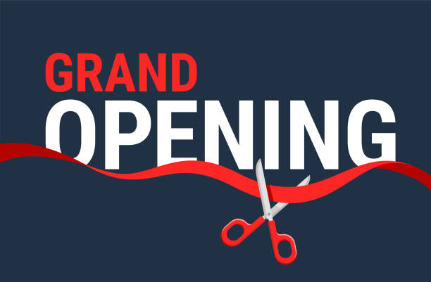 Grand Opening - Ribbon cutting with Scissors Grand Opening banner - Ribbon cutting ceremony. Scissors, red wavy ribbon and text - vector poster template opening stock illustrations