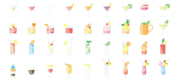 illustrazioni stock, clip art, cartoni animati e icone di tendenza di cocktail icon set (versione a colori piatti) - aperitivo