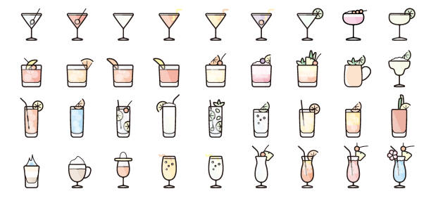 illustrazioni stock, clip art, cartoni animati e icone di tendenza di set di icone per cocktail - manhattan