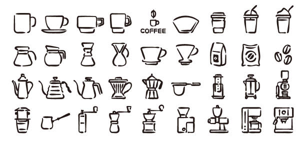 Coffee and barista icon set (Hand draw version) This is a set of coffee and barista icons. This is a set of simple icons that can be used for website decoration, user interface, advertising works, and other digital illustrations. coffee filter stock illustrations