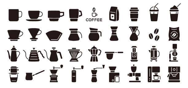 Coffee and barista icon set (Flat Silhouette Version) This is a set of coffee and barista icons. This is a set of simple icons that can be used for website decoration, user interface, advertising works, and other digital illustrations. coffee filter stock illustrations