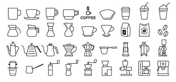 illustrazioni stock, clip art, cartoni animati e icone di tendenza di set di icone per caffè e barista (versione thin line) - coffee coffee bean coffee grinder cup