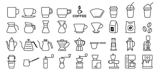 Coffee and barista icon set (Thin Line Version) This is a set of coffee and barista icons. This is a set of simple icons that can be used for website decoration, user interface, advertising works, and other digital illustrations. coffee filter stock illustrations