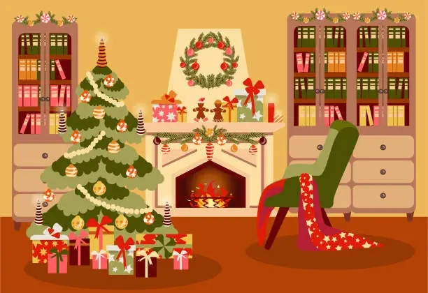 Vector illustration of Decorated christmas room.