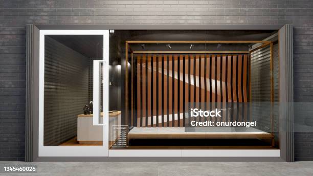 Front View Of Store With Empty Showcase Stock Photo - Download Image Now - Store Window, Store, Window Shopping